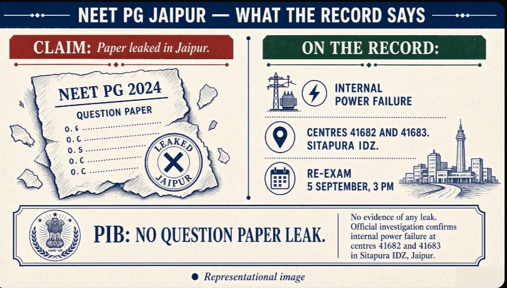 Representational fact-check graphic comparing the NEET PG paper leak Jaipur claim with the official record of a Sitapura power failure and 5 September re-exam